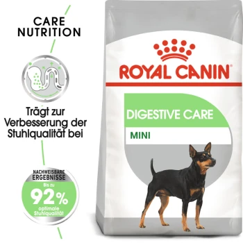 Digestive Care Mini 3 kg Royal Canin Digestive Care Mini Hundefutterbeutel mit einer Illustration eines kleinen Hundes, mit Text, der die Verdauungsvorteile und Qualitätsverbesserungen hervorhebt.