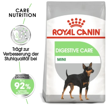 Royal Canin Digestive Care Mini Hundefutterbeutel mit einer Illustration eines kleinen Hundes, mit Text, der die Verdauungsvorteile und Qualitätsverbesserungen hervorhebt.