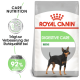 Royal Canin Digestive Care Mini Hundefutterbeutel mit einer Illustration eines kleinen Hundes, mit Text, der die Verdauungsvorteile und Qualitätsverbesserungen hervorhebt.