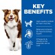 A dog with a blurred face on the left and a blue section listing benefits: high-quality protein, balanced minerals, Omega-6s, and Vitamin E.