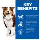 A dog with a blurred face on the left and a blue section listing benefits: high-quality protein, balanced minerals, Omega-6s, and Vitamin E.