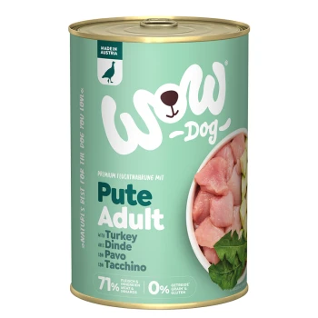 Dose "WOW Dog"-Futter mit Truthahn, 71% Fleisch, 0% Getreide/Gluten, auf einem hellgrünen Hintergrund mit Fleischstücken und Kräutern.