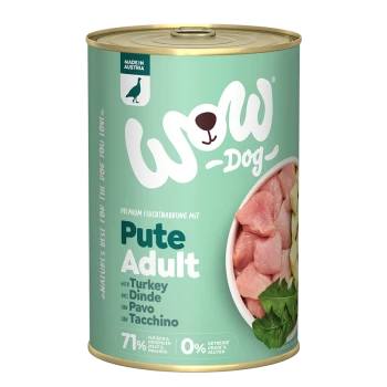Dose "WOW Dog"-Futter mit Truthahn, 71% Fleisch, 0% Getreide/Gluten, auf einem hellgrünen Hintergrund mit Fleischstücken und Kräutern.