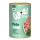 Dose "WOW Dog"-Futter mit Truthahn, 71% Fleisch, 0% Getreide/Gluten, auf einem hellgrünen Hintergrund mit Fleischstücken und Kräutern.
