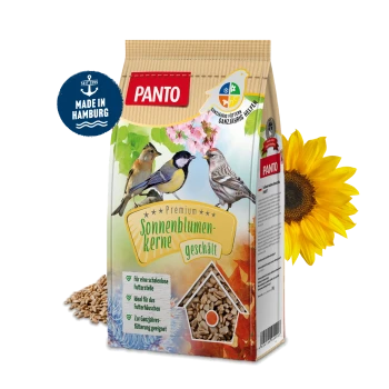 PANTO Vogelfutterbeutel mit geschälten Sonnenblumenkernen, Vogelillustrationen, Sonnenblume und der Aufschrift 'Sonnenblumenkerne geschält'