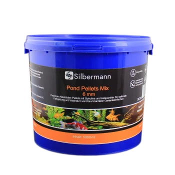 Blauer Behälter mit Silbermann Teichpellets-Mix, 6 mm, für Koi und Gartenteichfische, 5000 ml, mit bunten Fischen und Wasserpflanzen auf dem Etikett.