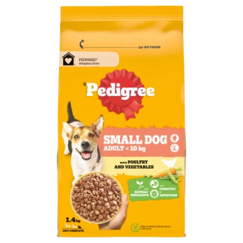 Pedigree bag: Small Dog Adult <10 kg kibble, yellow pack with smiling dog, bowl of kibble, "with poultry and vegetables", 1.4 kg