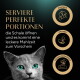 Graue Katze mit türkisfarbenen Augen; goldener Text 'SERVIERE PERFEKTE PORTIONEN' und Icons mit den Beschriftungen KNICKEN, ÖFFNEN, FRISCH SERVIEREN.