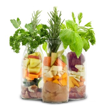 Eine Flasche SmoothieDog Immunio Immun Boost Snack für Hunde, umgeben von frischen Zutaten wie Apfel, Rübe, Kokosnuss und Himbeeren.