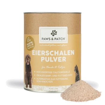 Dose von Paws & Patch mit der Aufschrift 'EIERSCHALEN PULVER' für Hunde & Katzen; gelbes Etikett mit Hund- und Katzenbildern und einem Haufen Pulver.