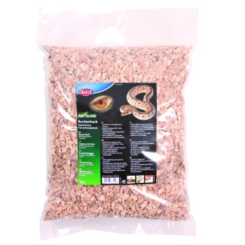 Transparenter Beutel mit Trixie ReptilAid Buchenholzspänen, in mehreren Sprachen beschriftet mit einer Schlangengrafik und Produktdetails.