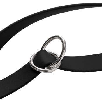 Schwarzes Leder-Schlupfhalsband mit zwei ineinandergreifenden silbernen Metallringen.