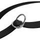 Schwarzes Leder-Schlupfhalsband mit zwei ineinandergreifenden silbernen Metallringen.