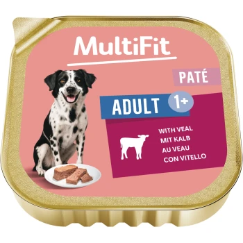 MultiFit adult dog pâté tray with smiling black-and-white dog, plate of veal pâté, labels "ADULT 1+" and "WITH VEAL"