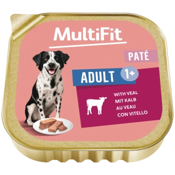 Barquette de pâté MultiFit pour chien adulte avec chien noir et blanc souriant, assiette de pâté de veau, mentions «ADULT 1+» et «WITH VEAL».