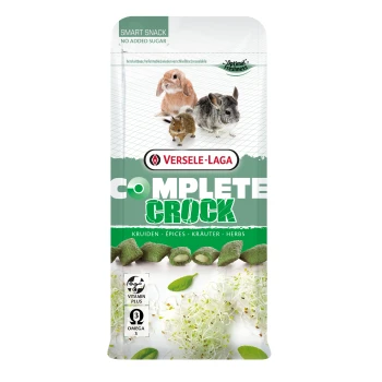 Versele-Laga Complete Crock kruiden snack voor kleine huisdieren met vitamine plus en omega 3, zonder toegevoegde suiker, hersluitbare verpakking.