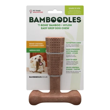 Bamboodles 'T-Bone' Bamboo + Nylon Dog Chew, medium size, roast chicken flavor, highlights durability and easy grip design.
