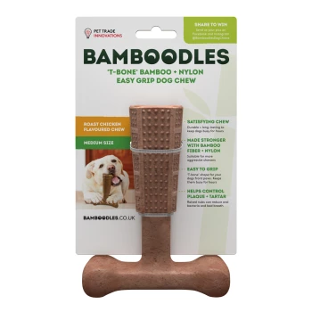 Bamboodles 'T-Bone' Bamboo + Nylon Dog Chew, medium size, roast chicken flavor, highlights durability and easy grip design.