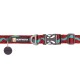 Ein rotes und türkisfarbenes Hundehalsband von Ruffwear, mit einer stabilen Schnalle und einem Anhänger mit dem Ruffwear-Logo.