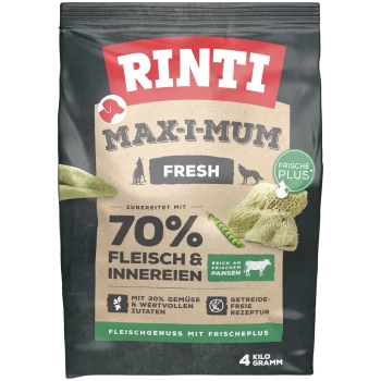 Rinti Max-I-Mum Fresh Hundefutterbeutel, der 70% Fleisch und Innereien, 30% Gemüse, ein getreidefreies Rezept und ein Gewicht von 4 kg aufweist.