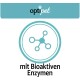 Logo von 'optipet' mit einem Symbol für eine molekulare Struktur, mit dem Text 'mit Bioaktiven Enzymen' darunter, der auf aktive Enzyme hinweist.