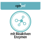 Logo von 'optipet' mit einem Symbol für eine molekulare Struktur, mit dem Text 'mit Bioaktiven Enzymen' darunter, der auf aktive Enzyme hinweist.