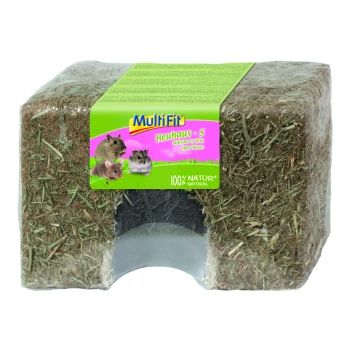 A block of hay labeled "Multifit Heuhaus - S" with images of a mouse and two hamsters, marked as 100% natural.