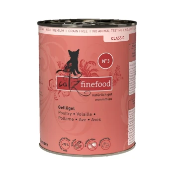 Nassfutter Katze Classic Adult No. 3 Geflügel 6x400 g Dosenfutter "Catz Finefood" mit pinkem Design, das eine Katzensilhouette zeigt und als getreidefreies Geflügel ohne Zuckerzusatz gekennzeichnet ist.