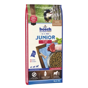 Bosch Junior Hundefutterbeutel mit Lamm und Reis, mit einem Bild eines Hundes und wichtigen Details wie "25% Protein" und "15,0 kg."