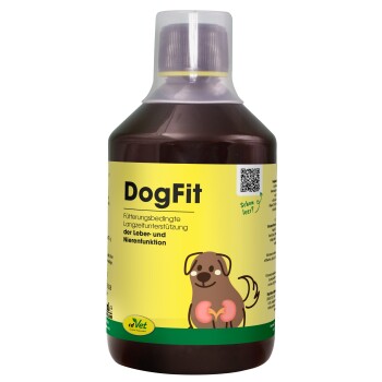 Flasche von cdVet DogFit, einem natürlichen Ergänzungsmittel für Hunde, mit einem grünen und gelben Etikett mit dem Text "100% Natur".