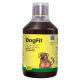 Flasche von cdVet DogFit, einem natürlichen Ergänzungsmittel für Hunde, mit einem grünen und gelben Etikett mit dem Text "100% Natur".