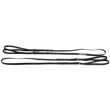 Schwarze Lederhundeleinen flach angeordnet, mit mehreren verstellbaren Schnallen und Löchern zur Größenanpassung.