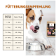Ein Hund leckt sich die Lippen neben einer Metallschüssel, mit "WILDFANG Ente" Hundefutter und einer Fütterungstabelle für tägliche Mengen basierend auf dem Gewicht.