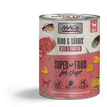 Dosenfutter für Hunde "MAC's Beef & Pumpkin" mit Rindfleisch, Kürbis und Grünlippmuschel; getreidefrei, 93% Rindfleisch, "Super Food für Hunde."