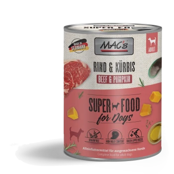 Blikvoer voor honden "MAC's Beef & Pumpkin" met rundvlees, pompoen en groene mossel afbeeldingen; graanvrij, 93% rundvlees, "Super Food voor Honden."