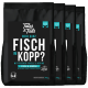 Vier schwarze Säcke Tales & Tails Hundefutter mit der Aufschrift „Noch Ganz Fisch Im Kopp?“ mit frischer Forelle und Hering, je 4 kg.