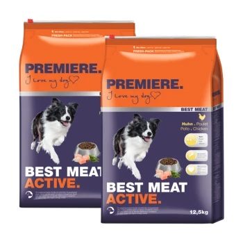 Dwie torby karmy dla psów oznaczone "Premiere. Kocham mojego psa" z biegającym psem, z wyraźnie widocznymi napisami "Best Meat Active" i "12,5kg."