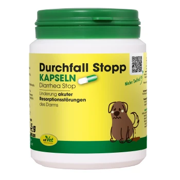 Behälter mit cdVet DurchfallStopp (Durchfallstopp) Kapseln, beschriftet mit 100% natürlich, mit einem grünen Deckel und einer sichtbaren Kapselillustration.
