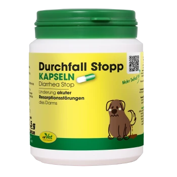 Behälter mit cdVet DurchfallStopp (Durchfallstopp) Kapseln, beschriftet mit 100% natürlich, mit einem grünen Deckel und einer sichtbaren Kapselillustration.