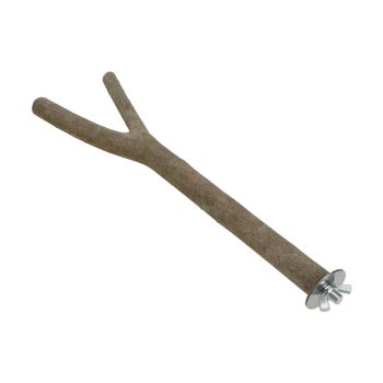 Natuurlijk houten kauwspeeltje voor huisdieren in de vorm van een Y, met een metalen basis voor stabiliteit. Ideaal voor kleine dieren.