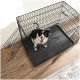 Ein schwarzer Draht-Hundekäfig mit einem glücklichen schwarz-weißen Hund darin, mit einer offenen Tür und einer abnehmbaren Kunststoffschale am Boden.