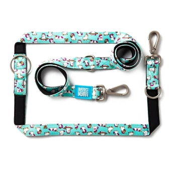 Blaues Hundeleinen- und Halsband-Set mit Cartoon-Hund- und Einhornmuster, Metallverschlüssen und „Max & Molly“-Etikett.