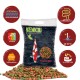 Kenkou Power-Mix Koi-Futter in einer durchsichtigen Tüte mit bunten Pellets und Symbolen für Farbverbesserung, Verdaulichkeit und Wachstumsunterstützung.
