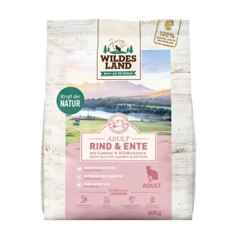 Erwachsenen-Katzenfutterbeutel mit der Aufschrift "WILDES LAND RIND & ENTE", das Rind und Ente mit Gemüse und wilden Kräutern enthält, 400g.