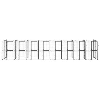 Ein langes, modulares Haustiergehege aus schwarzem Metalldraht, das mehrere Abschnitte und Türen für einen einfachen Zugang bietet.