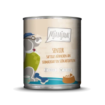 Blik Mjamjam Senior hondenvoer met sappige kip en zoete aardappelen, graanvrij, hoog vleesgehalte, geïllustreerde hond met bril en hoed.