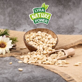 Eine Holzschüssel mit leichten Haustierfutterpellets, einige auf Jute verstreut, mit einer Schaufel und einer Blume. Text lautet "LYRA NATURE POWER."