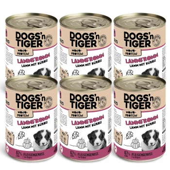 Lammfromm Lamm & Kürbis 6x400 g Sechs Dosen DOGS'n TIGER Hundefutter, beschriftet mit "LAMMFROMM Lamm mit Kürbis," mit einer Mono-Protein-Formel mit 67% Lamm.