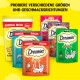 Emballages de diverses friandises pour chats Dreamies sur un fond jaune, y compris Mega Box (fromage) et Mega Pack (poulet, canard, saumon, bœuf).