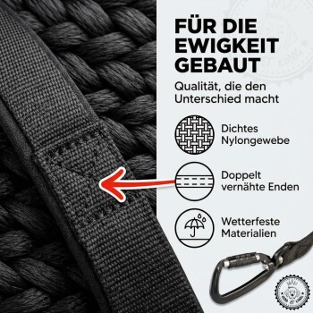 Schwarze Hundeleine mit einem weichen Griff, mit einem Karabinerclip und dem Text 'HUND IST KÖNIG' und 'KEIN EINSCHNEIDEN DER HÄNDE.'